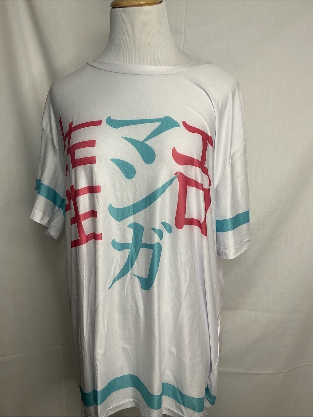 2124 - White Short-Sleeve Men’s Graphic Tee with Teal and Pink Accents - Picture 2 of 5